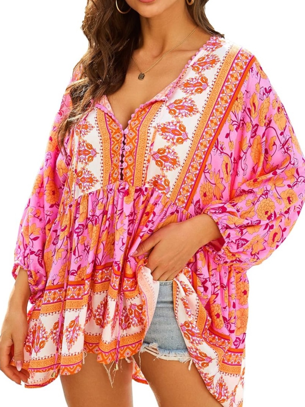 HECCPLI WOMENS BOHO V-NECK 3/4 SLEEVE PRINT TUNIC TOP SZ XLG